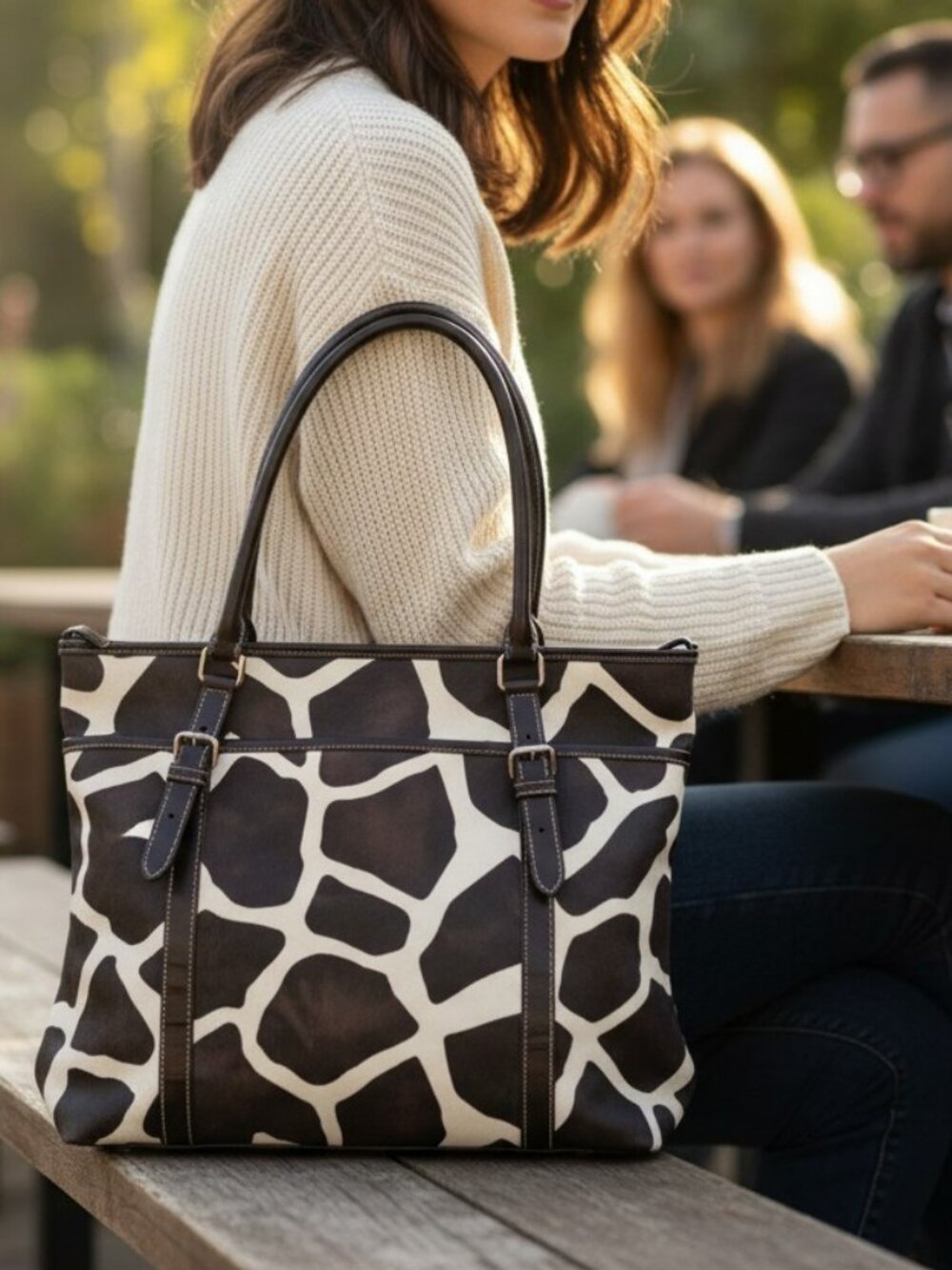 Nine & CO’s Brown and Cream Giraffe Textured Faux Leather Tote Bag OS